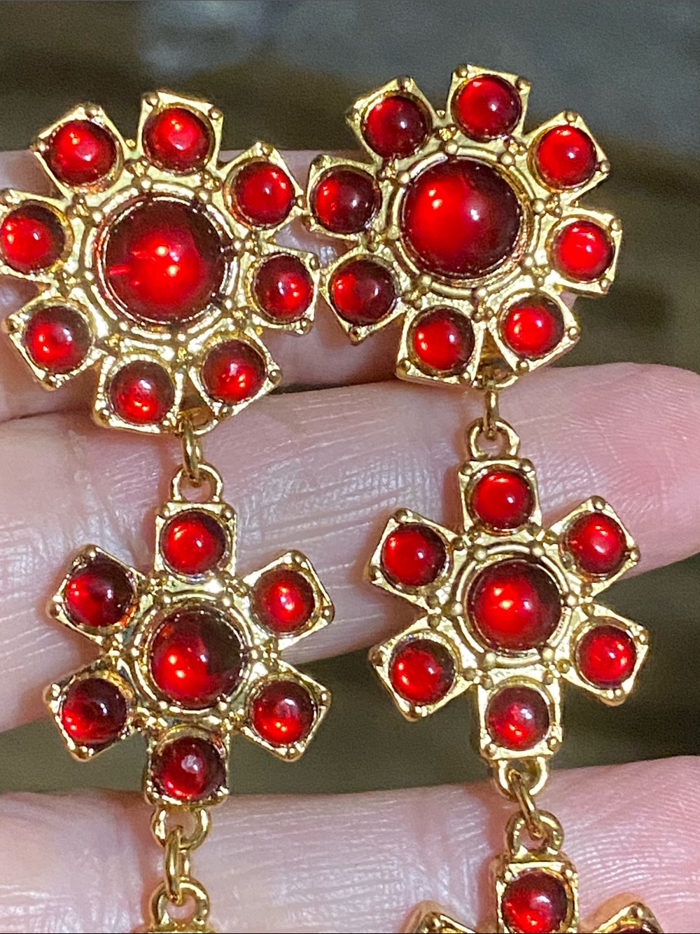 Monet Gold-Tone Red Floral Cabochon Dangle Earrings - Picture 2 of 5